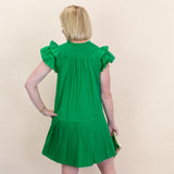 Green Double Flutter Short Sleeve Dress with Pleated Skirt