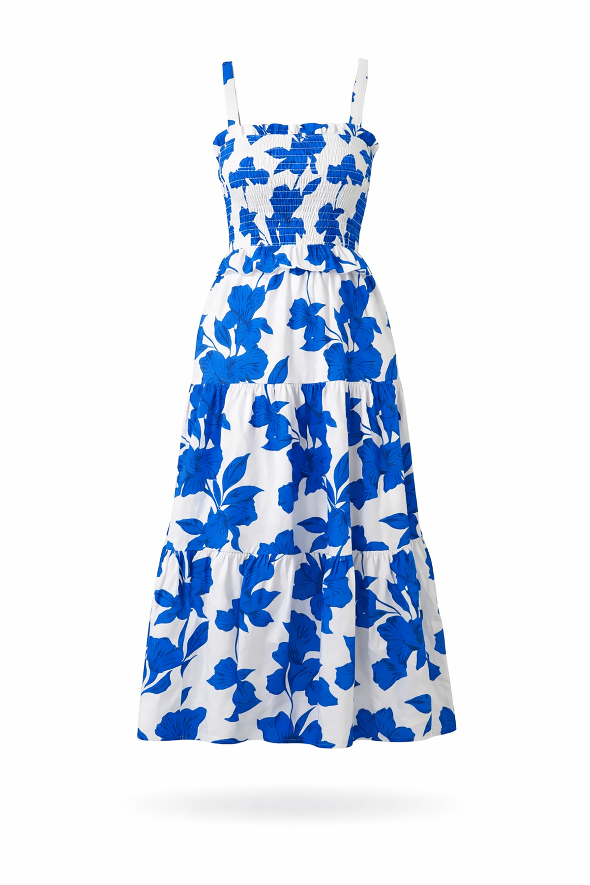 blue and white smocked maxi dress Floral Print Ruched Smocked Maxi Dress