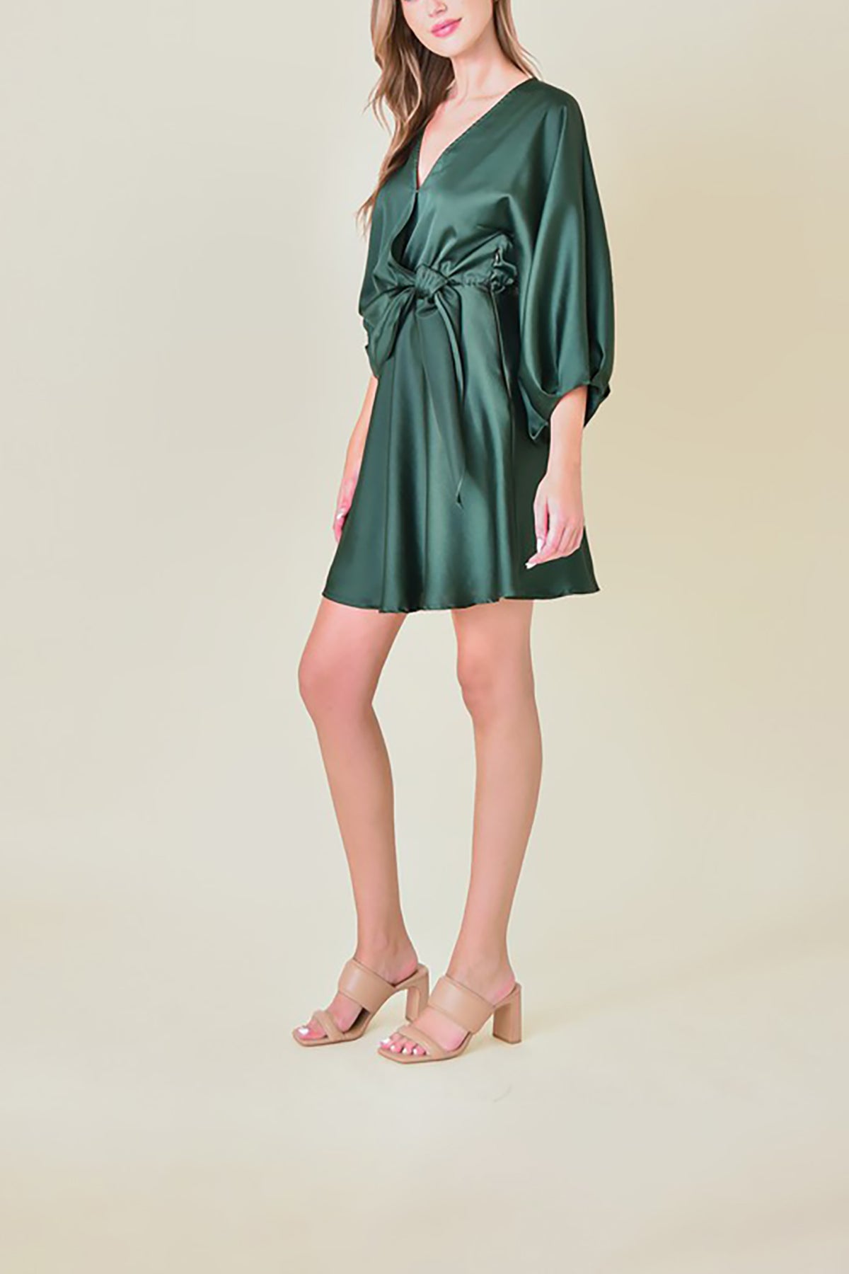 V Neck Puff Sleeves Surplice Dress Hunter / L V Neck Puff Sleeves Surplice Dress Hunter / L