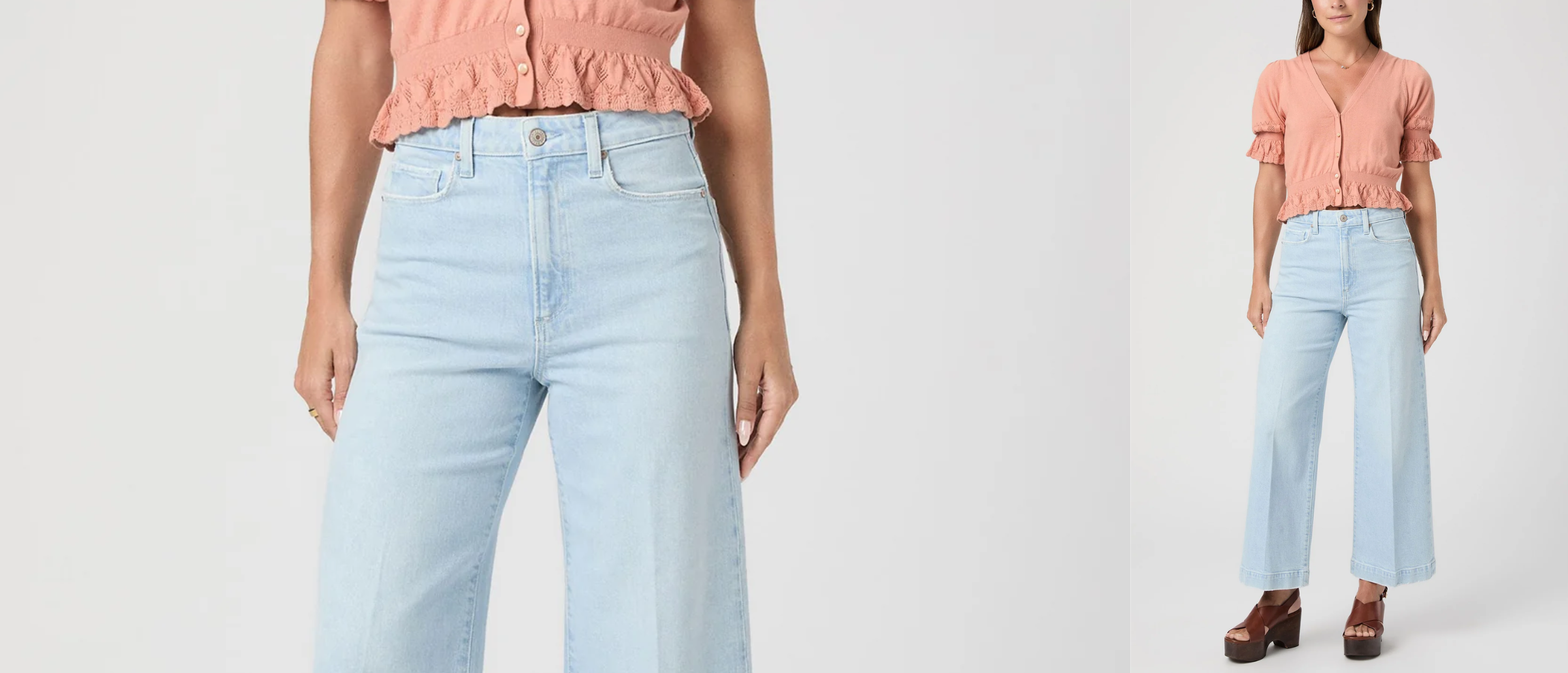 woman in blue wide leg denim on grey background 