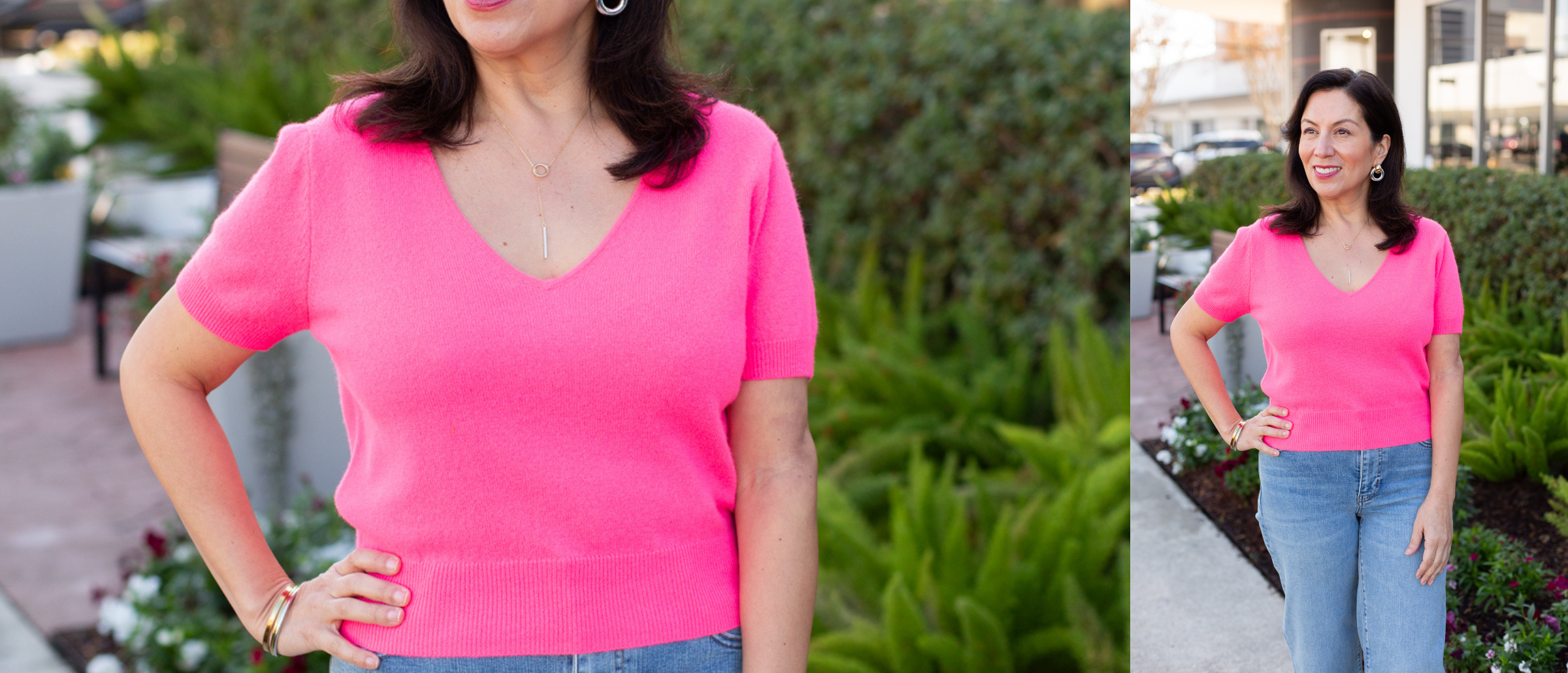 bright pink sweater on woman outside 