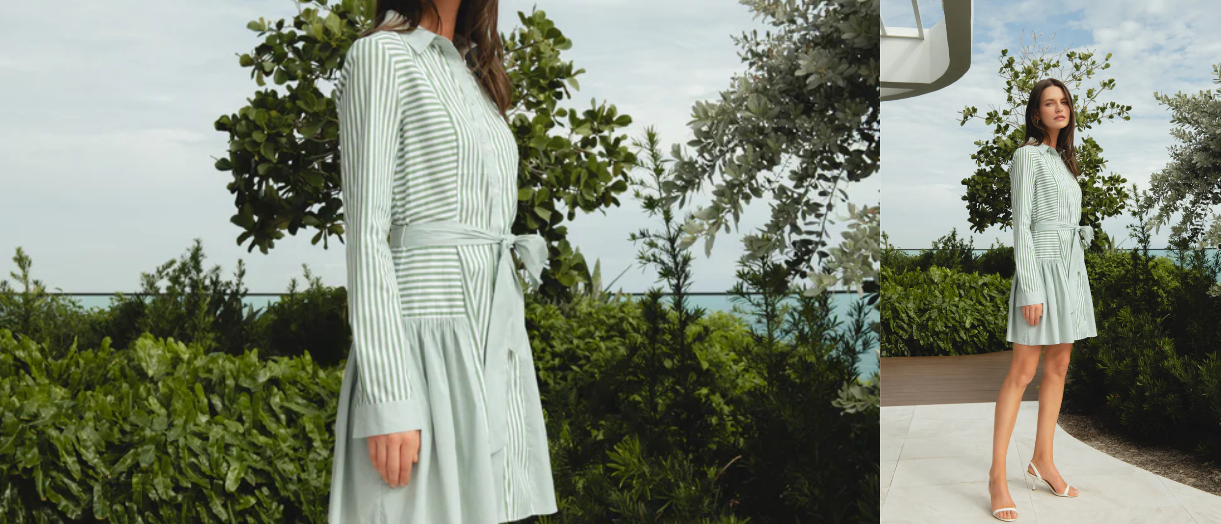 woman in mint striped dress outside 