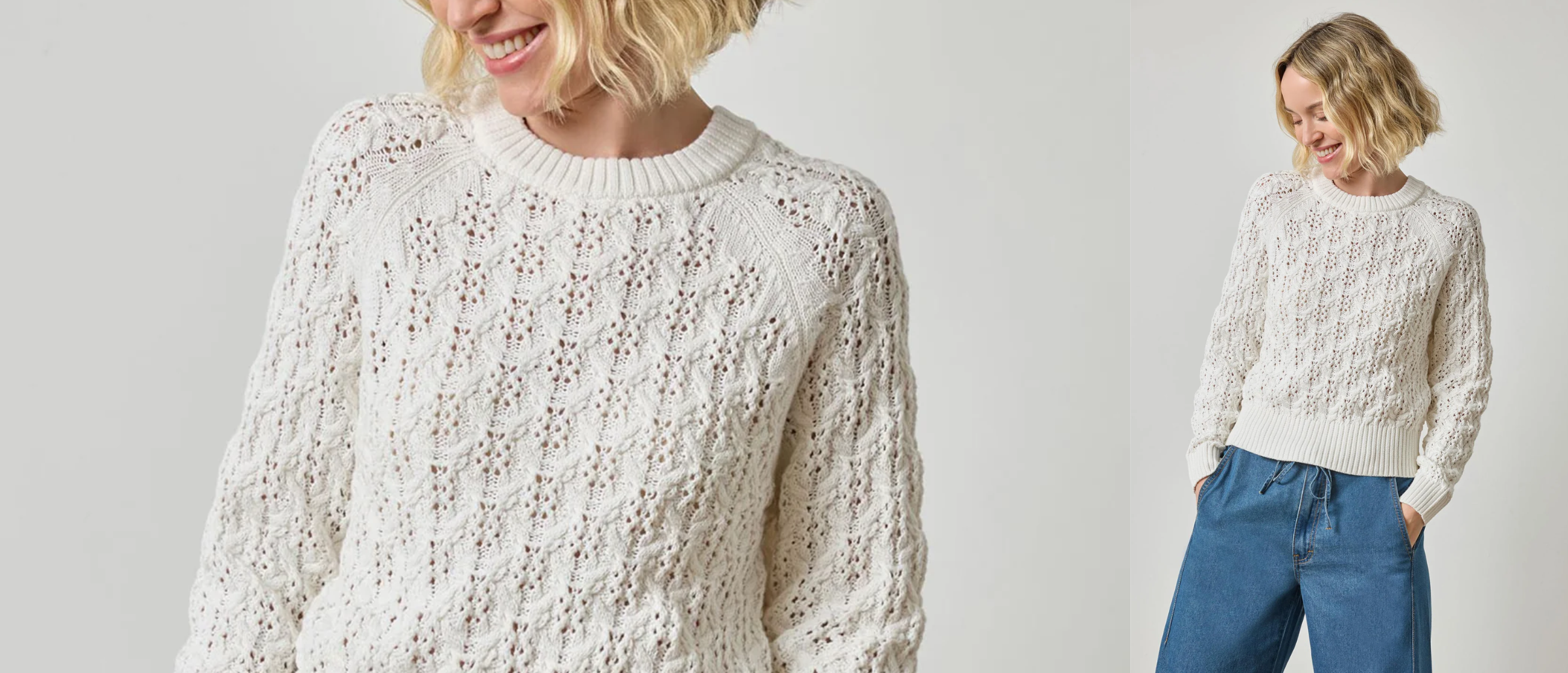 how to style winter whites, women in white open knit sweater
