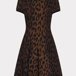 A short-sleeve fit-and-flare dress with a brown and black leopard print pattern, shown against a light gray background.