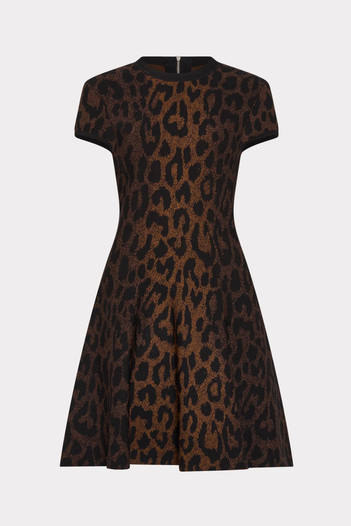 A short-sleeve fit-and-flare dress with a brown and black leopard print pattern, shown against a light gray background.
