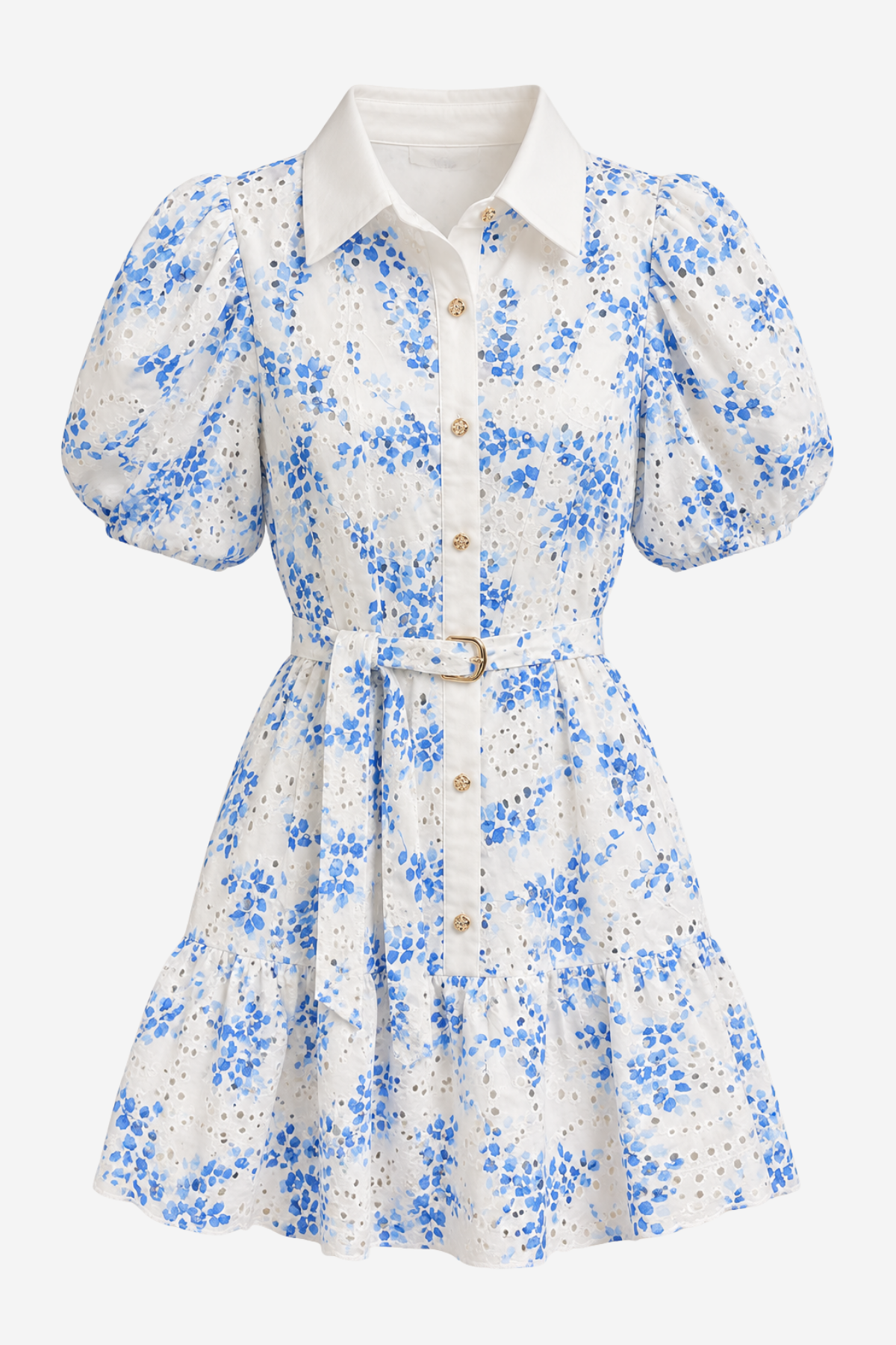 A white eyelet mini dress with a blue floral print, featuring puff sleeves, a pointed collar, and a matching waist tie with a gold buckle.