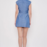 Model wearing a sleeveless striped mini dress with a relaxed fit and classic blue-and-white stripe pattern.