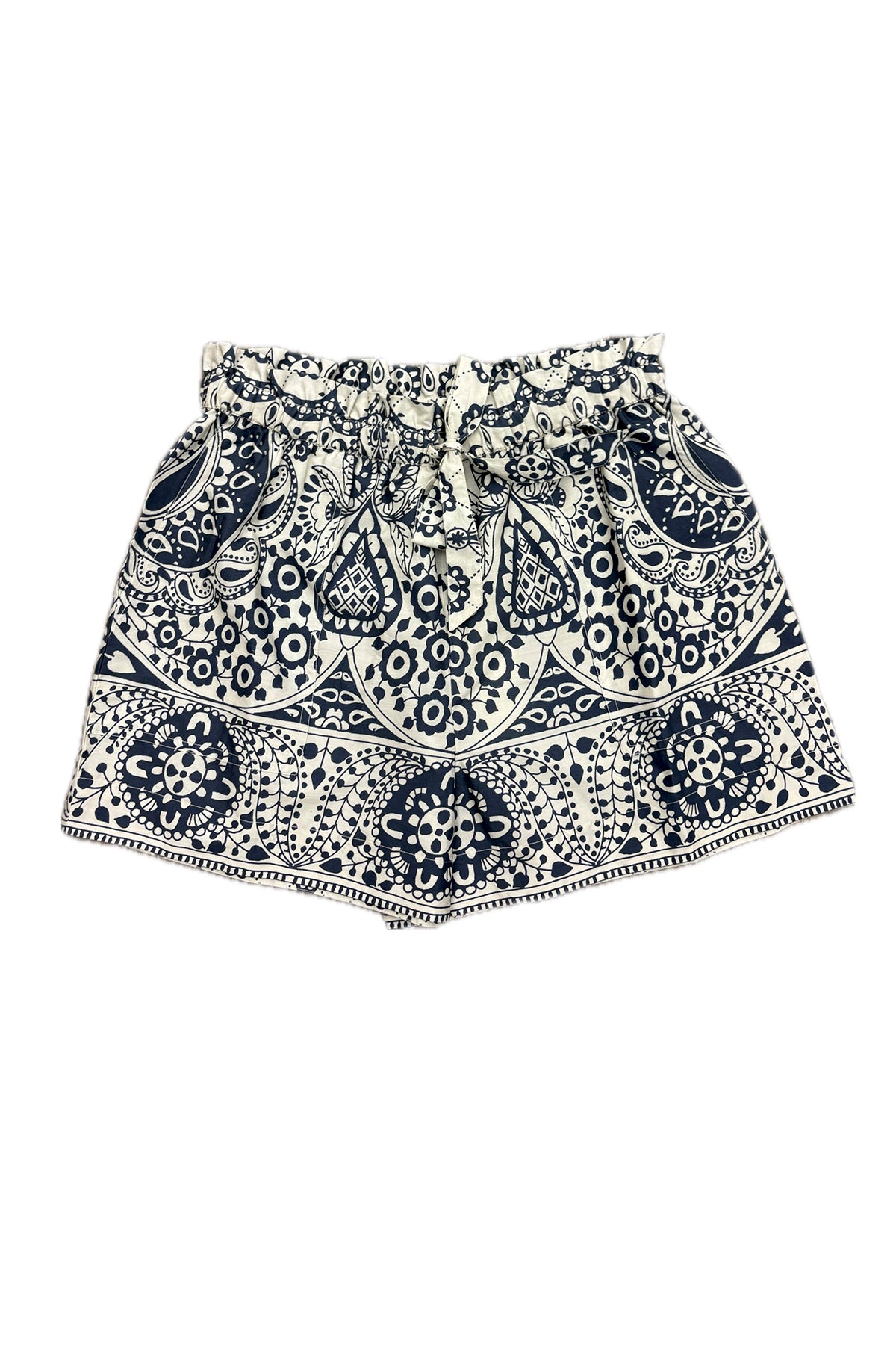 Patterned woven shorts with a tailored waist and relaxed leg opening.
