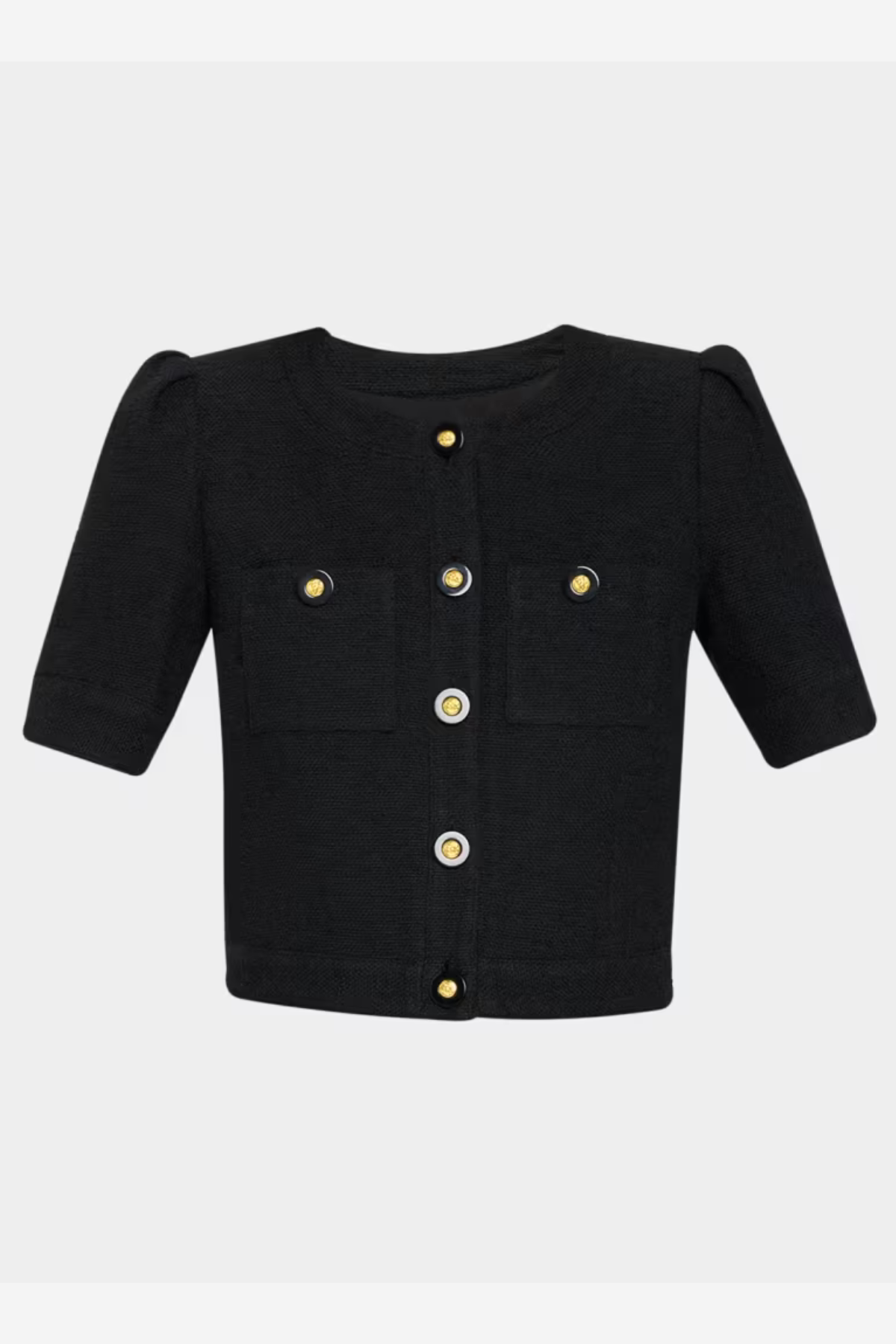 Women's black short-sleeve cropped jacket featuring a structured silhouette and button-front design.