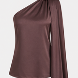 A draped one-shoulder top in a dusty plum-brown satin fabric, shown on a clean light gray background.