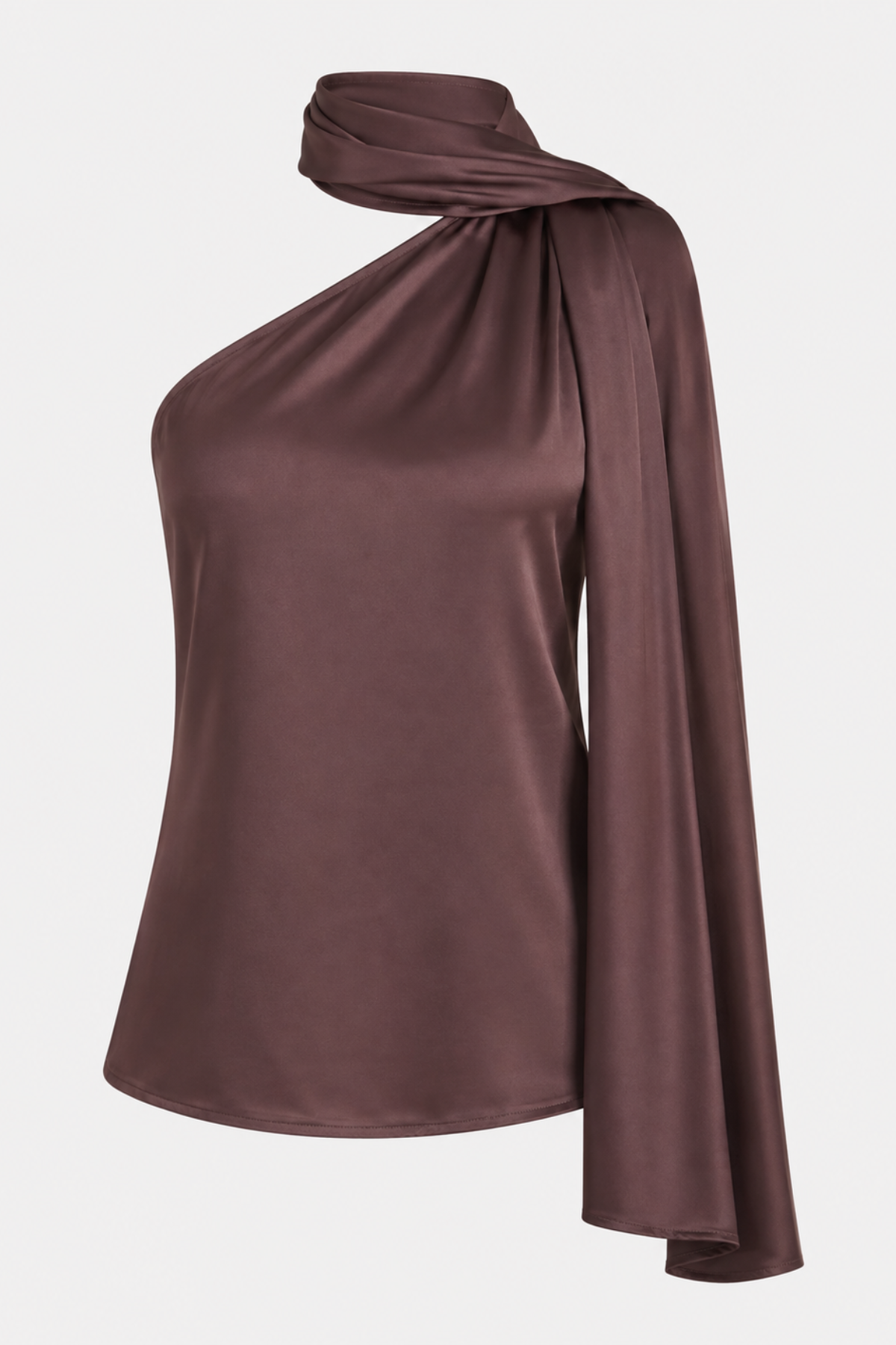 A draped one-shoulder top in a dusty plum-brown satin fabric, shown on a clean light gray background.