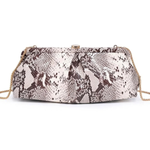 A snakeskin-patterned clutch bag with a gold-tone chain strap, displayed against a plain white background.