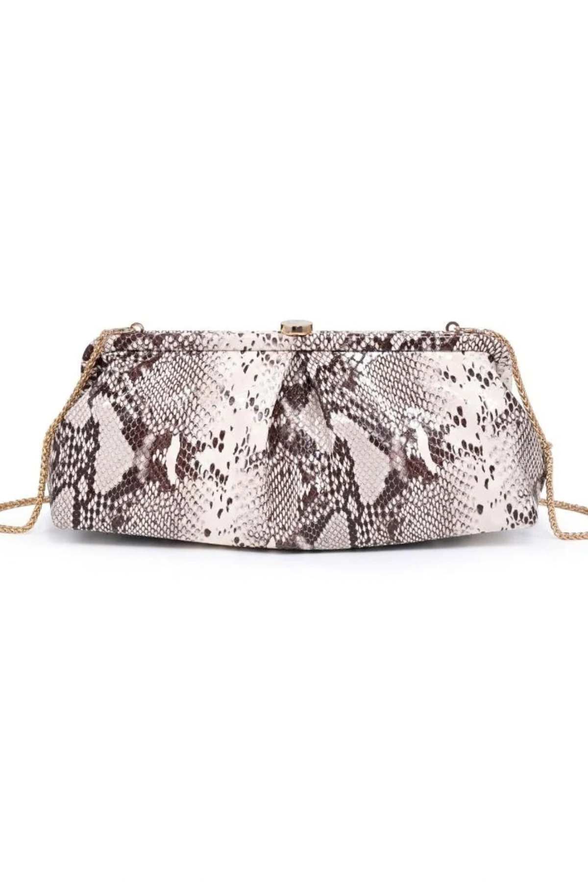 A snakeskin-patterned clutch bag with a gold-tone chain strap, displayed against a plain white background.