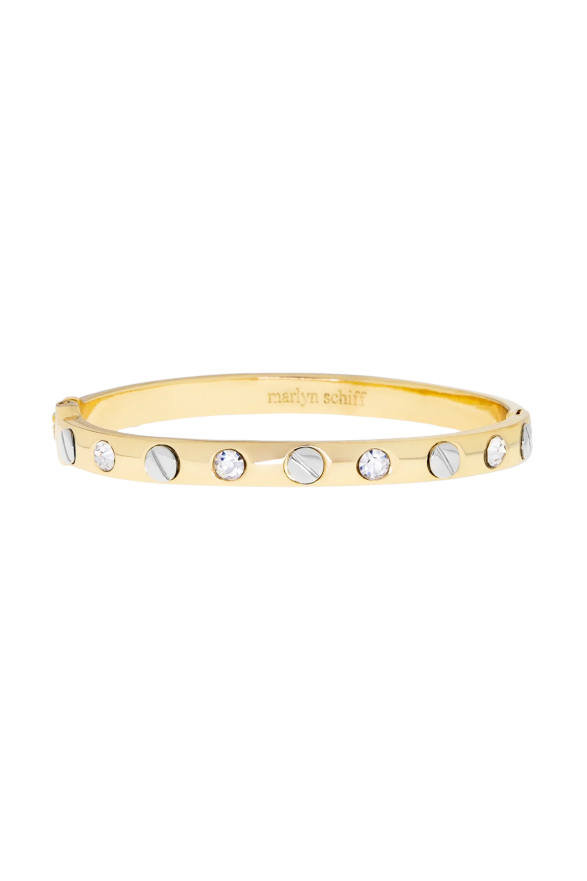 Gold bracelet with embedded stones on a white background
