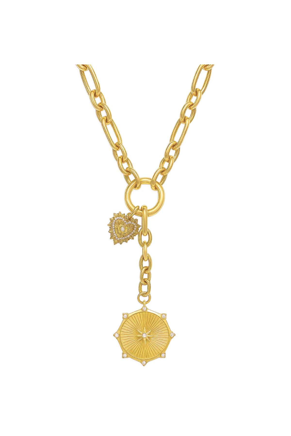 Gold necklace with heart and sun pendant on a white background