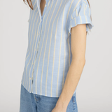 side view of woman in stripe button down short sleeve on white background 