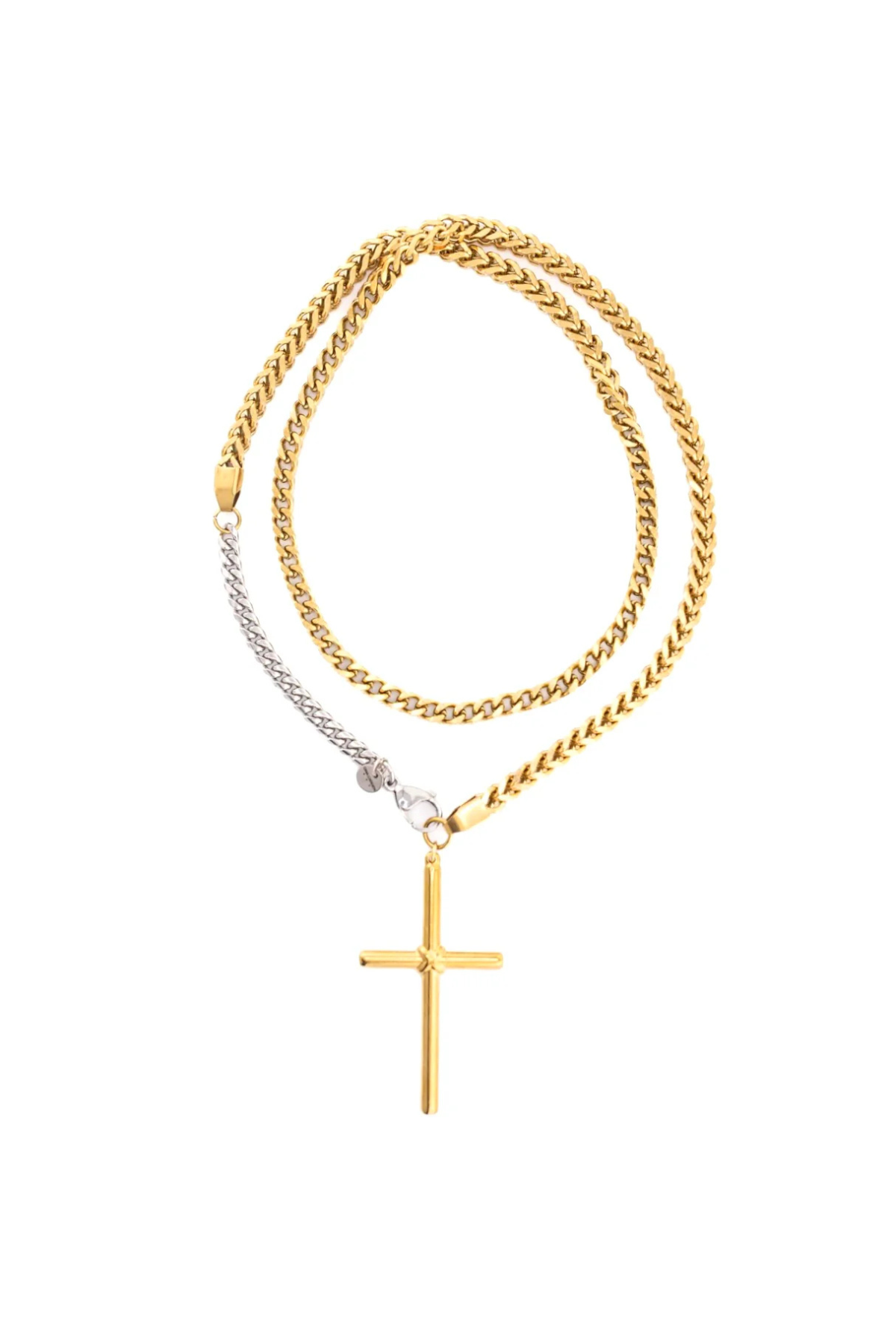Gold chain necklace with a cross pendant on a white background