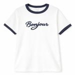White t-shirt with 'Bonjour' text and navy accents on a white background