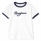 White t-shirt with 'Bonjour' text and navy accents on a white background