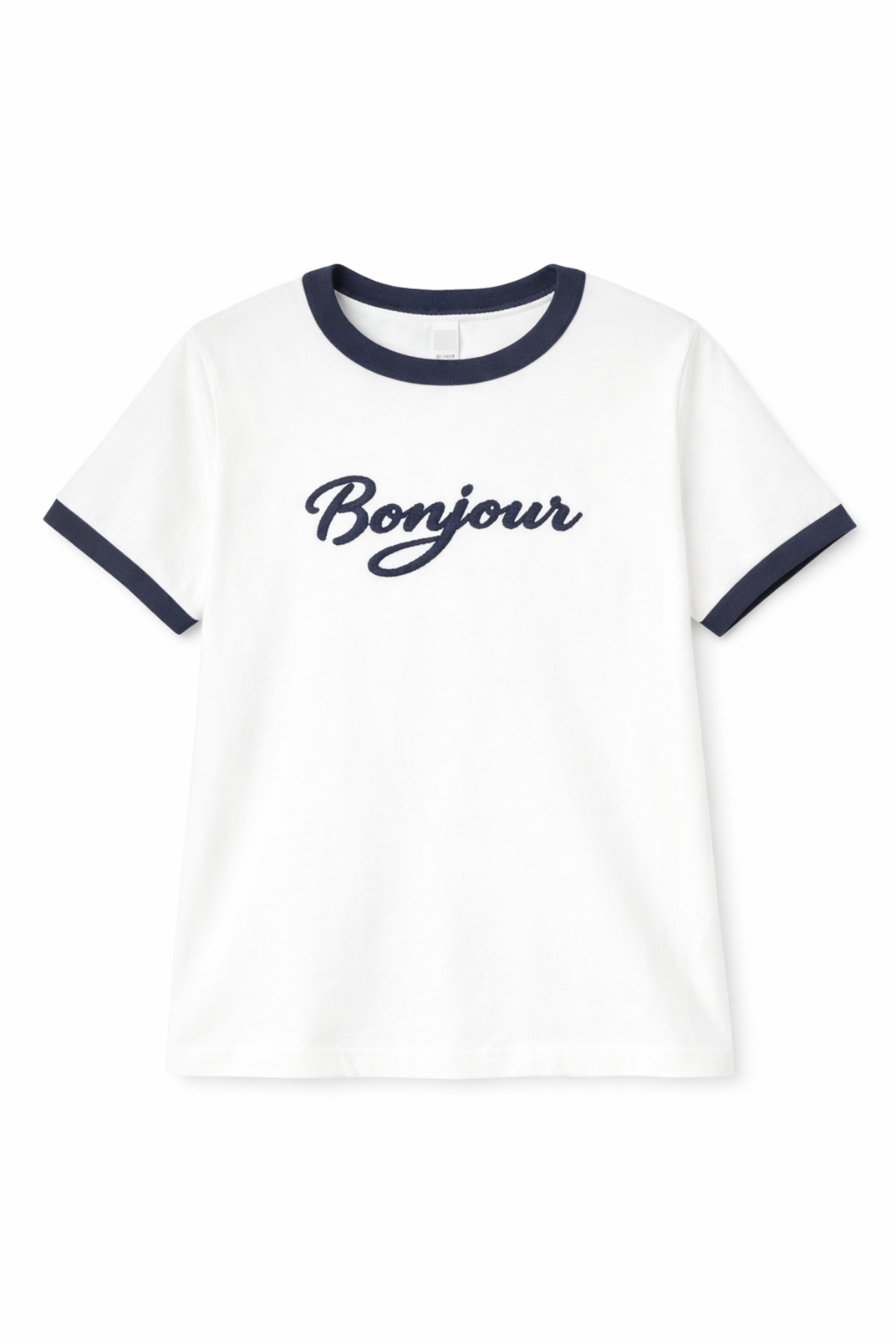White t-shirt with 'Bonjour' text and navy accents on a white background