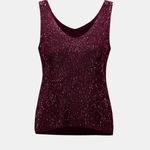 A sleeveless V-neck tank top covered in sparkling dark burgundy sequins, displayed against a light gray background.