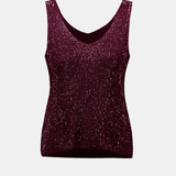 A sleeveless V-neck tank top covered in sparkling dark burgundy sequins, displayed against a light gray background.