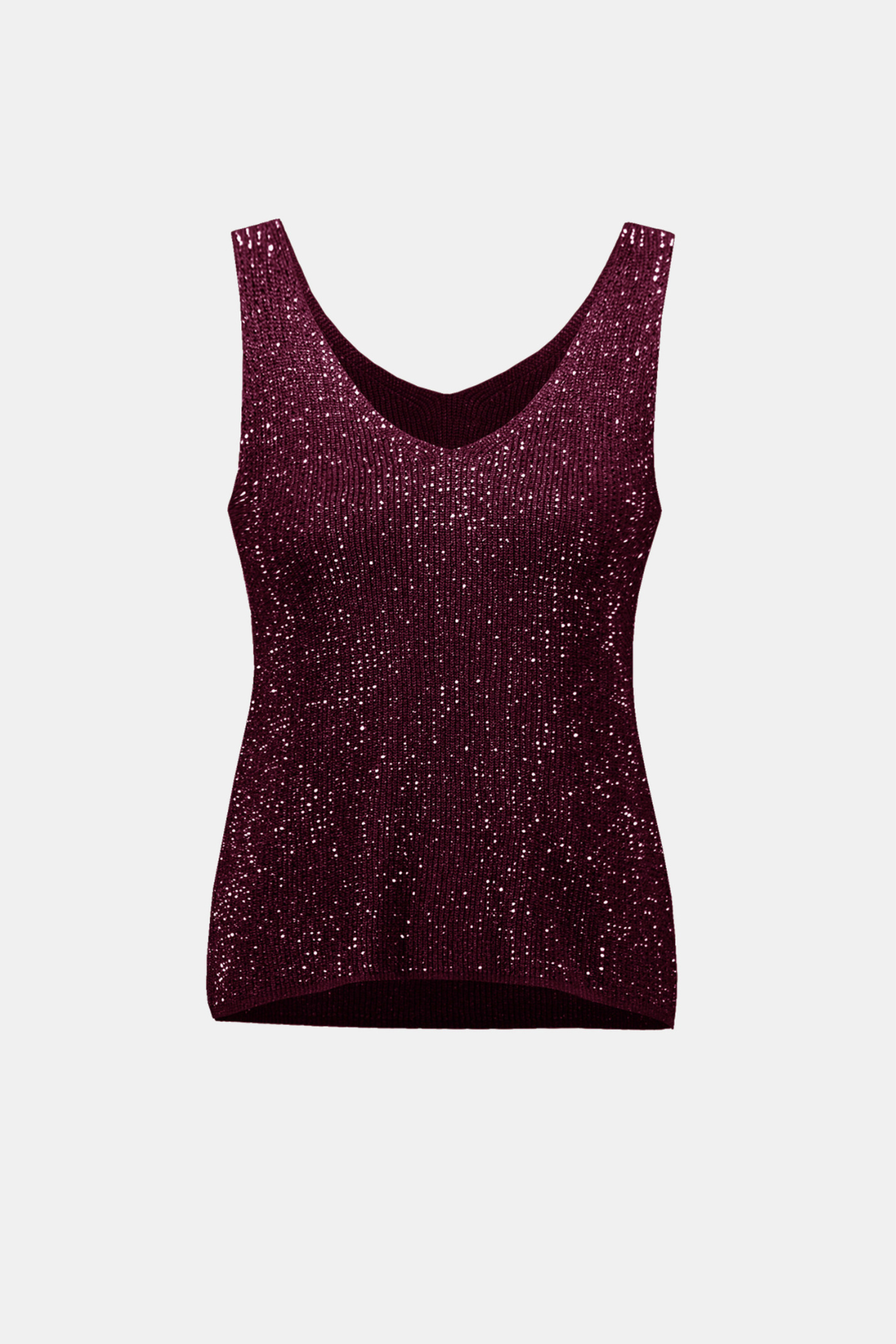A sleeveless V-neck tank top covered in sparkling dark burgundy sequins, displayed against a light gray background.