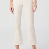 Person wearing white ribbed pants on a plain background