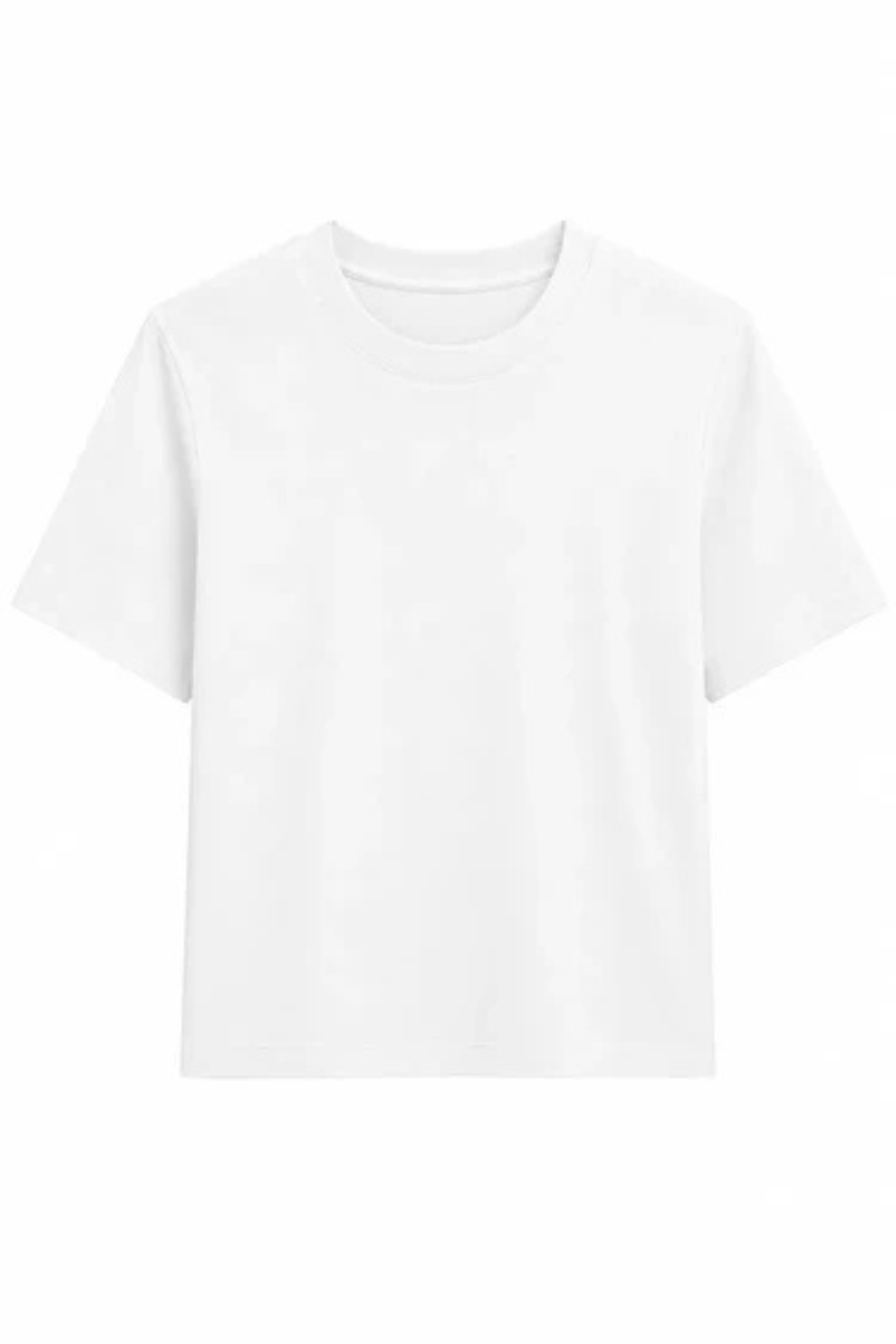 A white short-sleeve crewneck t-shirt with a subtle tonal graphic pattern on the front, displayed against a solid white background.
