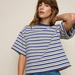 Striped long-sleeve sweatshirt styled with denim