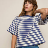 Striped long-sleeve sweatshirt styled with denim