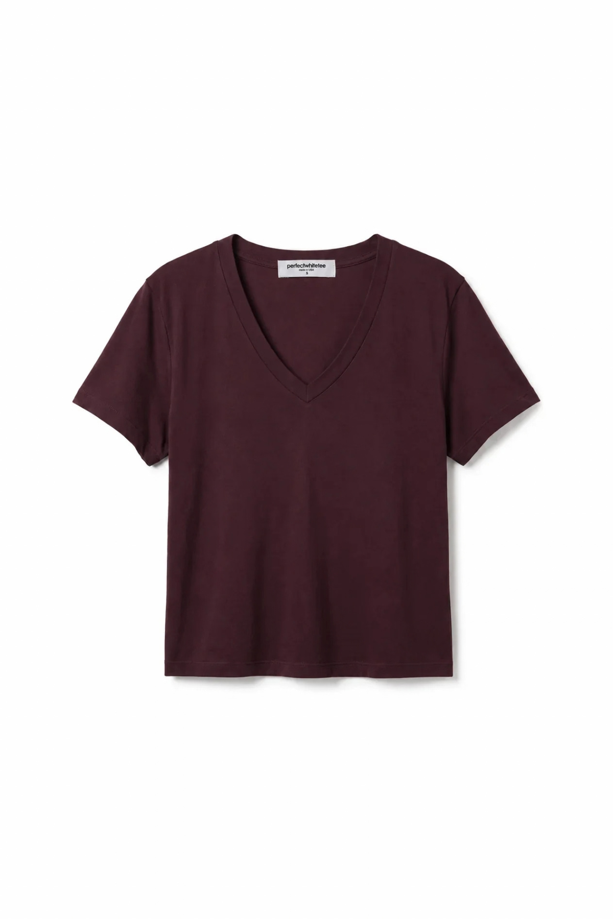 A short-sleeve V-neck t-shirt in a deep burgundy color, laid flat against a clean white background.