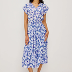 Woman wearing a blue floral dress on a white background