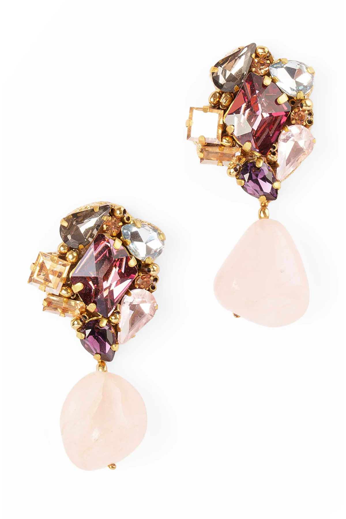 A pair of gold-tone drop earrings featuring a cluster of faceted crystals in pink, purple, peach, and smoky gray, with a large light pink teardrop stone hanging below each earring, set against a plain white background.