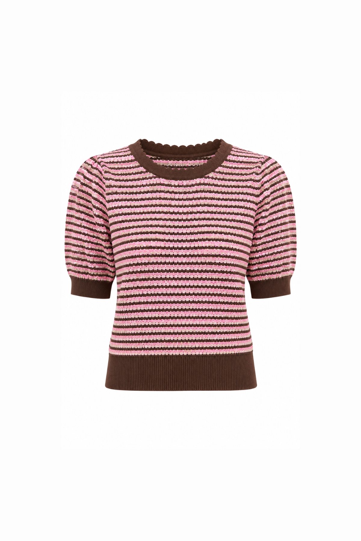 Pink and brown striped sweater on a white background