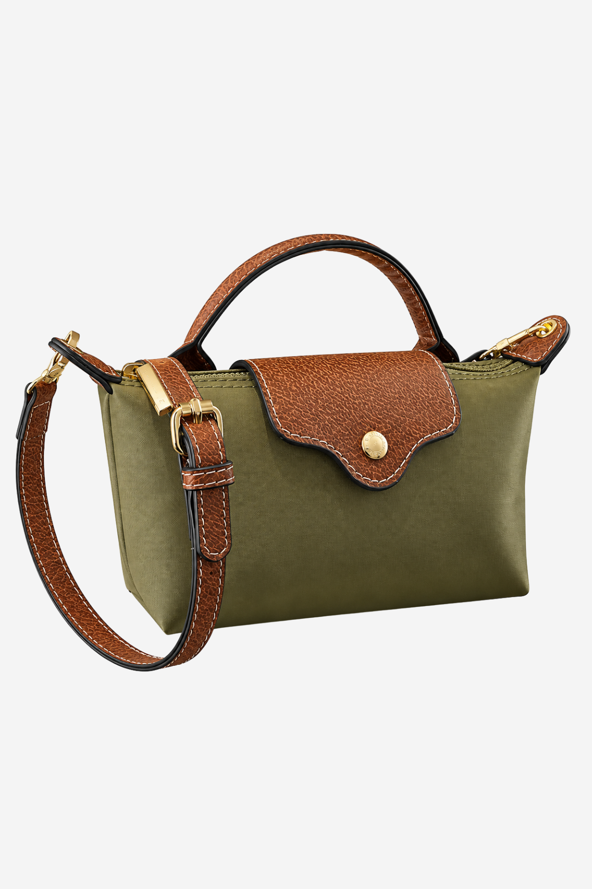 An olive green canvas handbag with brown leather trim, a top handle, a detachable shoulder strap, and gold-tone hardware, shown on a plain light gray background.