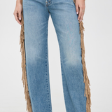 Light blue wide-leg denim jeans with long tan fringe draped down the outer sides, shown on a model against a plain light background.
