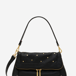 A black leather shoulder bag with gold-tone studs and hardware, shown against a plain light gray background.