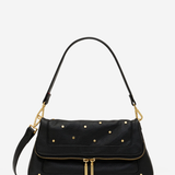 A black leather shoulder bag with gold-tone studs and hardware, shown against a plain light gray background.