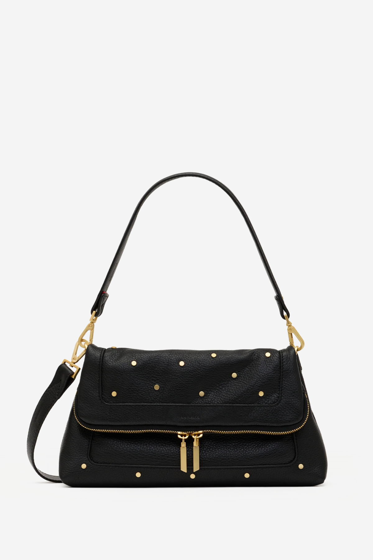 A black leather shoulder bag with gold-tone studs and hardware, shown against a plain light gray background.