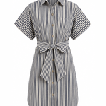 Striped shirt dress with a belt on a white background