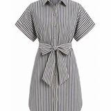 Striped shirt dress with a belt on a white background