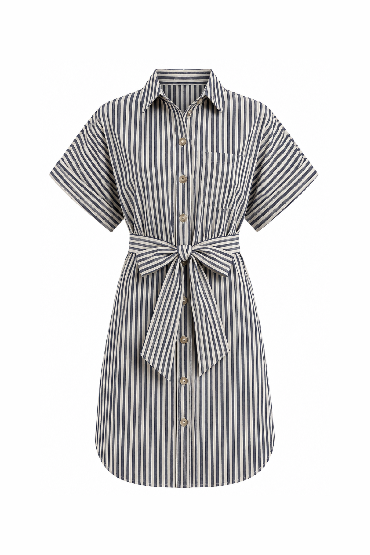 Striped shirt dress with a belt on a white background