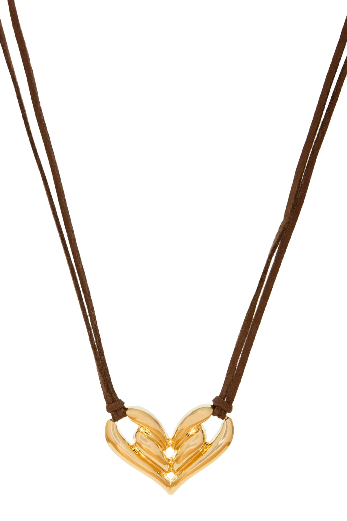 Gold heart-shaped pendant on a brown cord against a white background