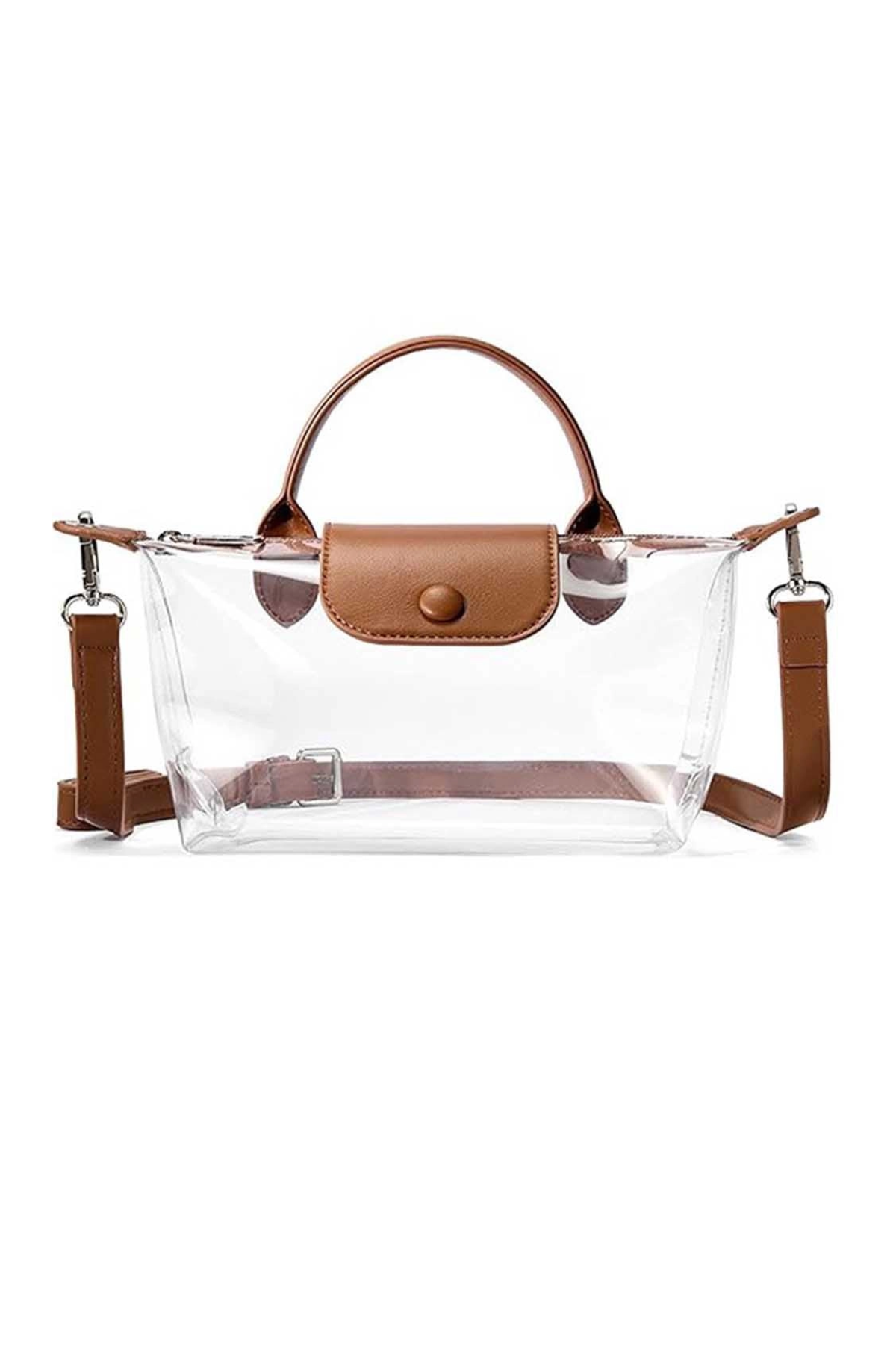 Clear handbag with brown leather accents on a white background