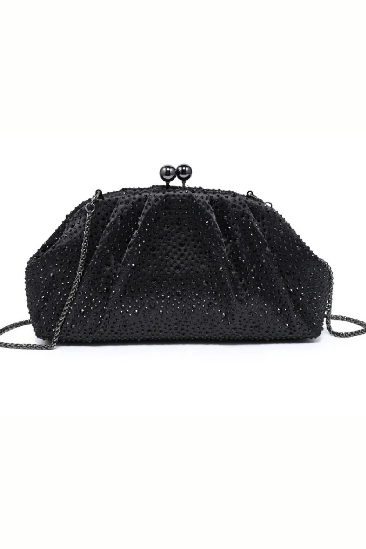 A black beaded evening clutch bag with a chain strap and a kiss-lock clasp adorned with two black beads, shown against a plain white background.