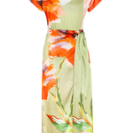 Colorful floral dress with orange, green, and white flowers on a white background