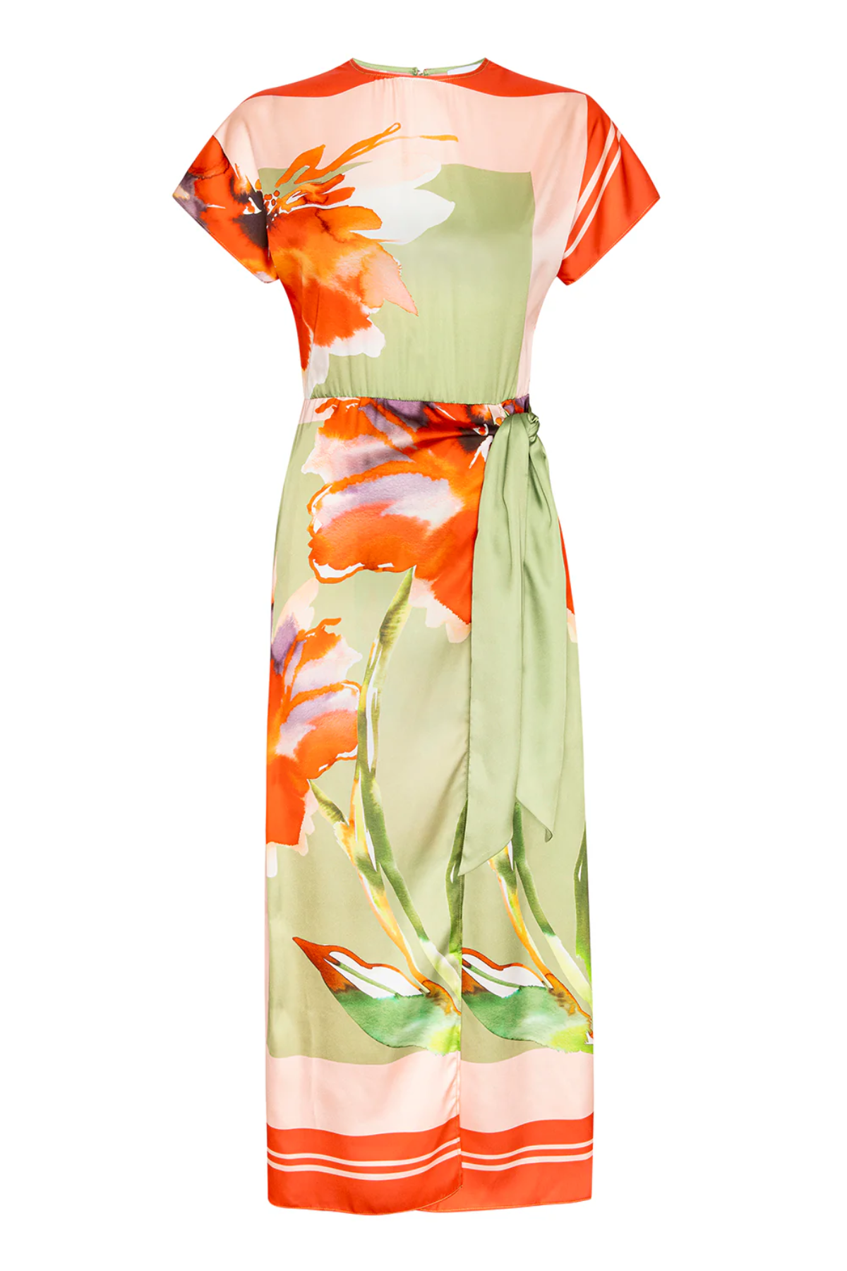Colorful floral dress with orange, green, and white flowers on a white background