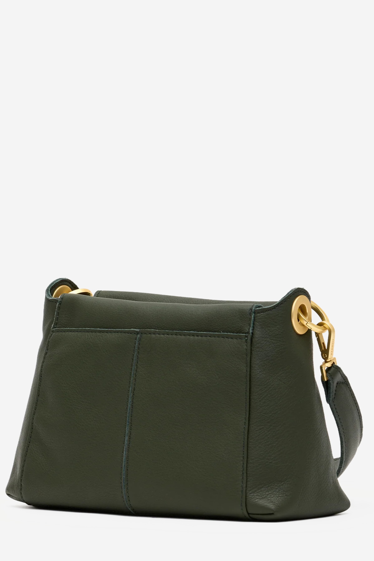 An olive green leather shoulder bag with gold-tone hardware and a matching green strap, shown against a plain white background.