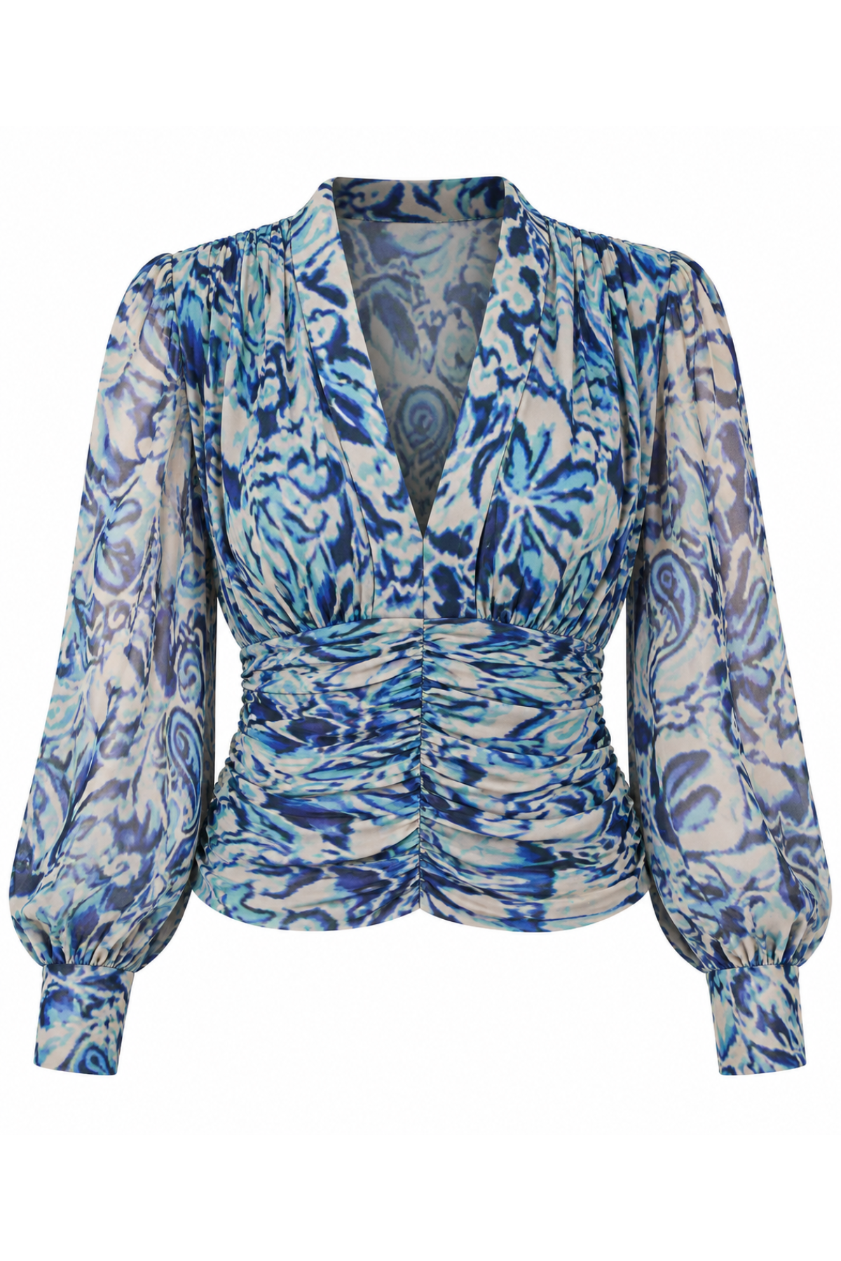 A long-sleeve blouse with a blue and white abstract floral pattern, featuring a gathered ruched waist and a deep V-neckline, shown against a plain white background.
